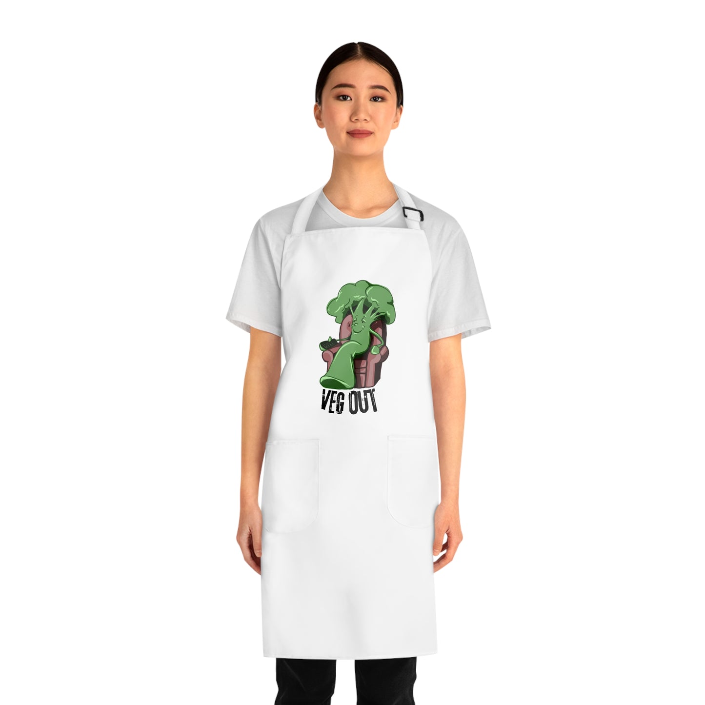 "Veg Out" Apron with Pockets with Cute Relaxing Broccoli Design