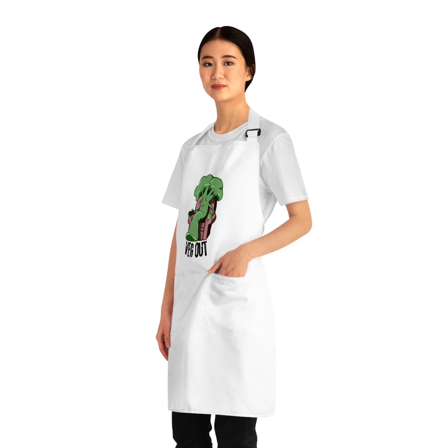 "Veg Out" Apron with Pockets with Cute Relaxing Broccoli Design